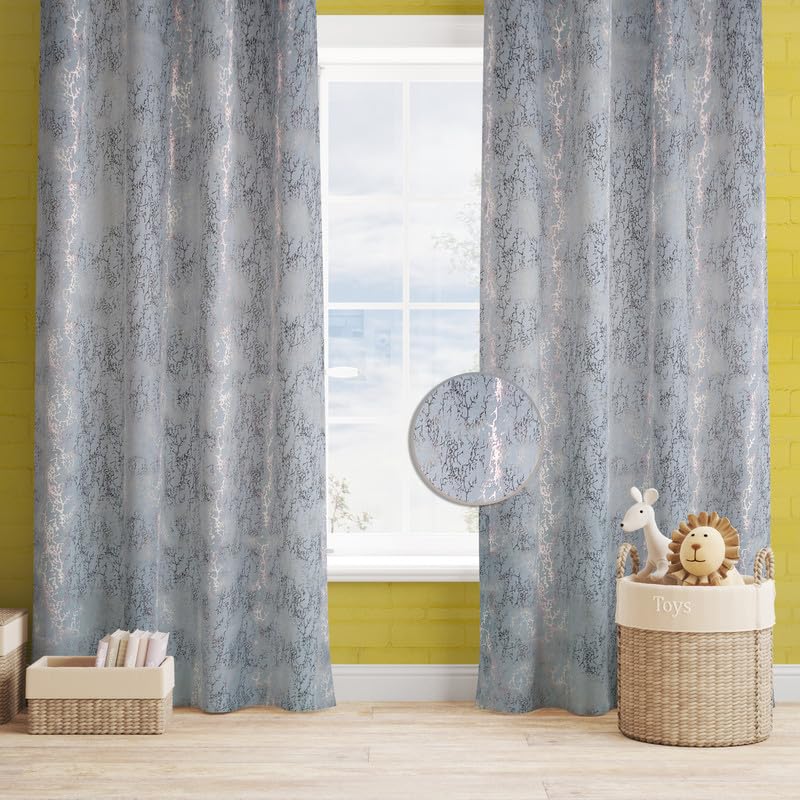 Image of Foil Printed True Blackout Semi Long Door Curtains 8 Feet Set of 1, Heavy Room Darkening Thermal Insulated Eyelet Parda for Living Room & Bedroom, Curtains with Tie Back(121x243cm, Dark Grey)