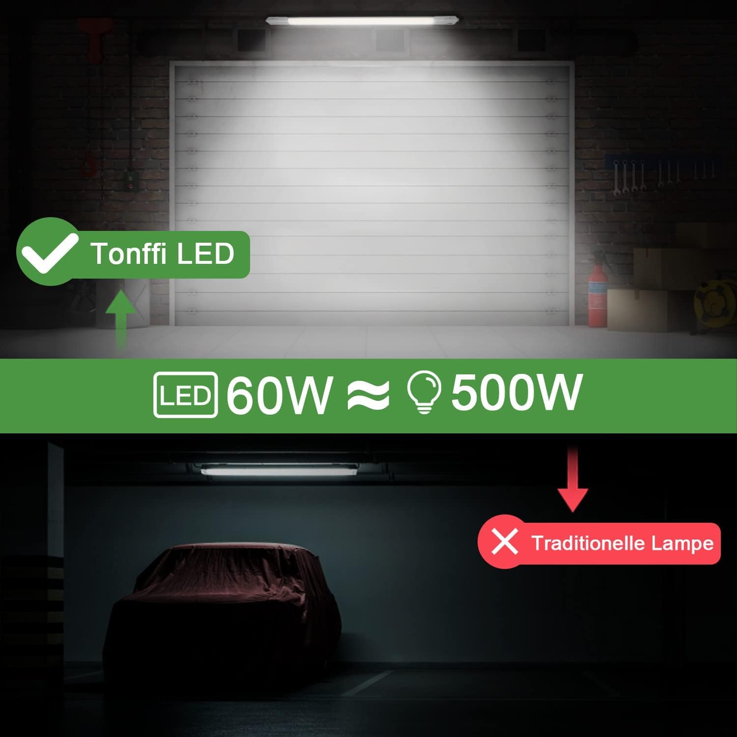 TONFFI LED Feuchtraumleuchte 150CM, 4000K Neutralweiß Verknüpfbar LED Deckenleuchte Röhre 60W, IP65 Wasserfest Wannenleuchte Werkstattlampe 7000LM für Keller Lager Garage Warenhaus