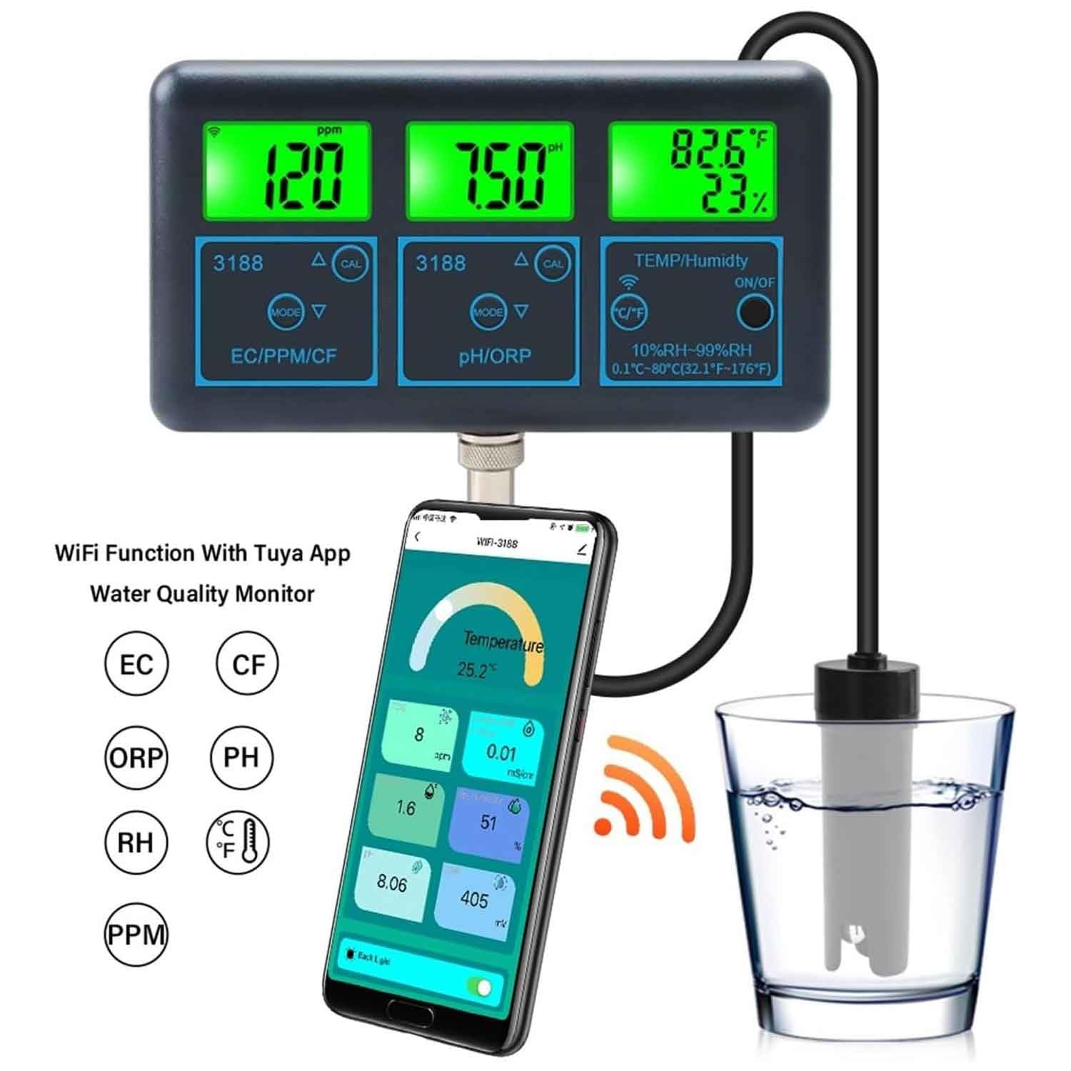 Detektor jakości wody, tester jakości wody, inteligentny zdalny miernik 7 w 1 PH, monitor PH EC TDS SALT SG Temp ORP CF, do basenów, hydroponiki, wody pitnej, akwariów