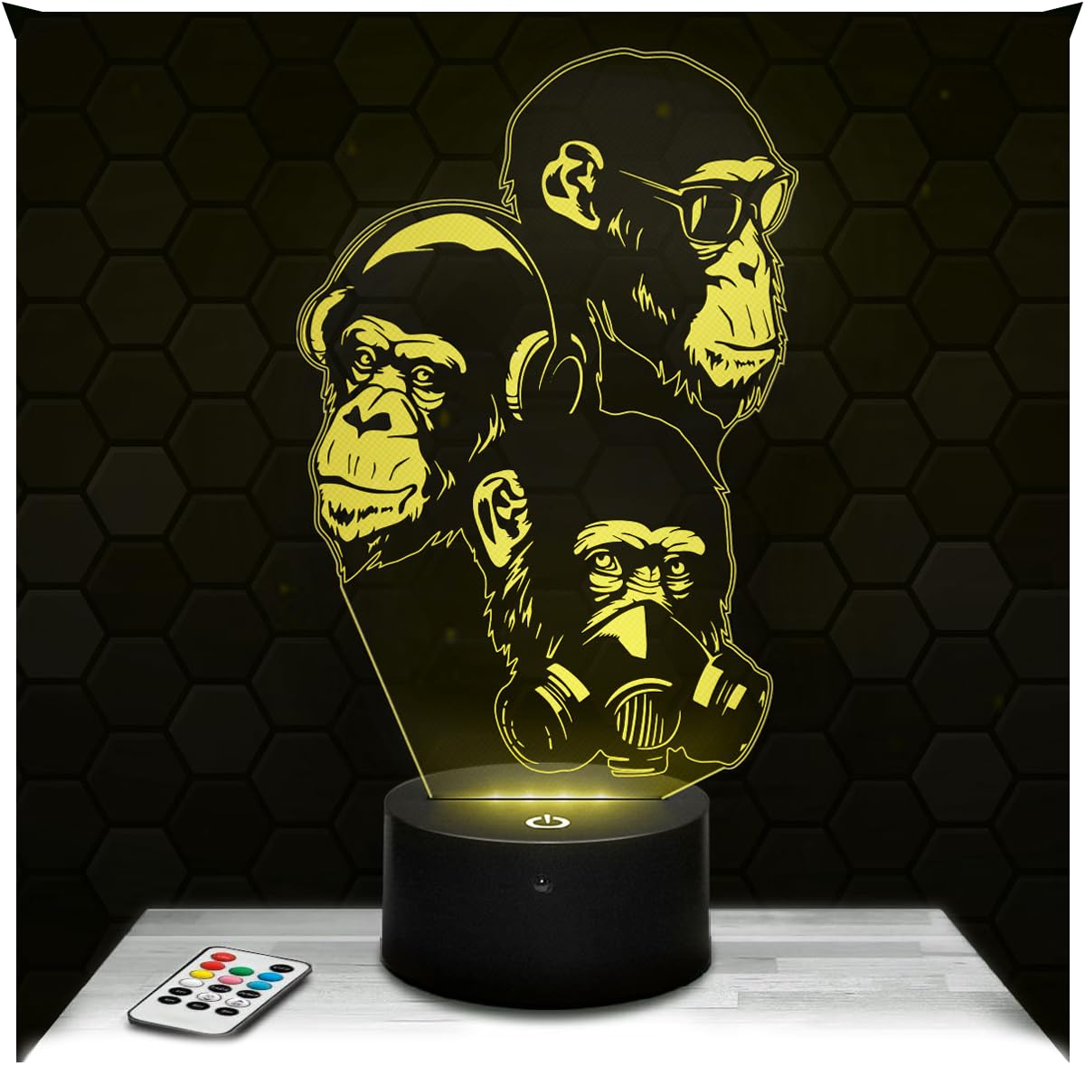 Lampephoto.fr - Monkey Wisdom Stylized 3D Lamp Night Light Animal 3D LED Illusion Lamp, Christmas Birthday Gift Idea for Boy and Girl Children's or Adult Bedroom Night Light, Gifts Merchandising