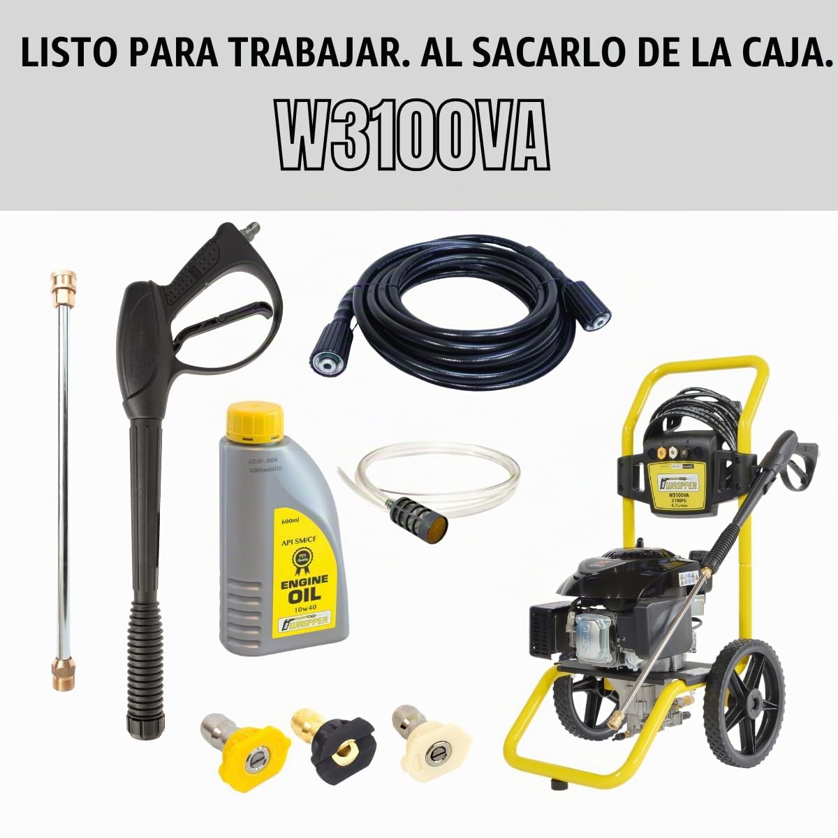 Hidrolimpiadora Gasolina 3100 PSI (213 Bar), Motor Ducar 196cc 4.3HP, Hidrolimpiadora de Alta Presión Portátil para Coches, Patio y Jardín, W3100VA WASPPER