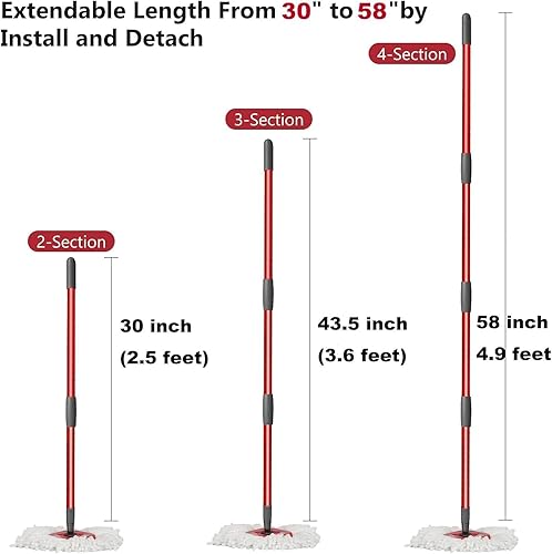 Miniatura 4 de Mango de repuesto para trapeador giratorio, mango de escoba o trapeador de 4 secciones de 30 a 58 pulgadas, compatible con repuestos y escobas O