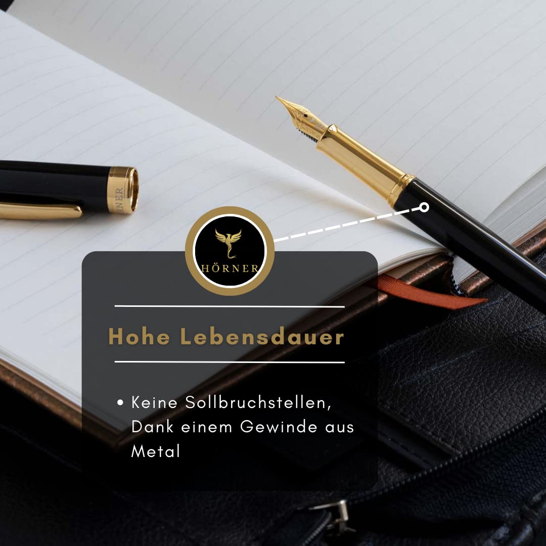 Hörner Nobilis Hochwertiger Füllfederhalter mit Gravur | Füller personalisiert | Klavierlack-Optik schwarz-gold | Messing-Korpus 34 g | Goldlegierte Stahl-Feder M | Geschenkbox