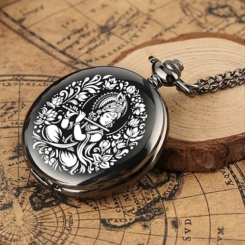 Image of Vintage Gandhi Style Pocket Watch with Engraved Designs & Messages Royal Black Analog for Men Women & Kids Includes Key Ring for car or Bike Keys Ideal Gift