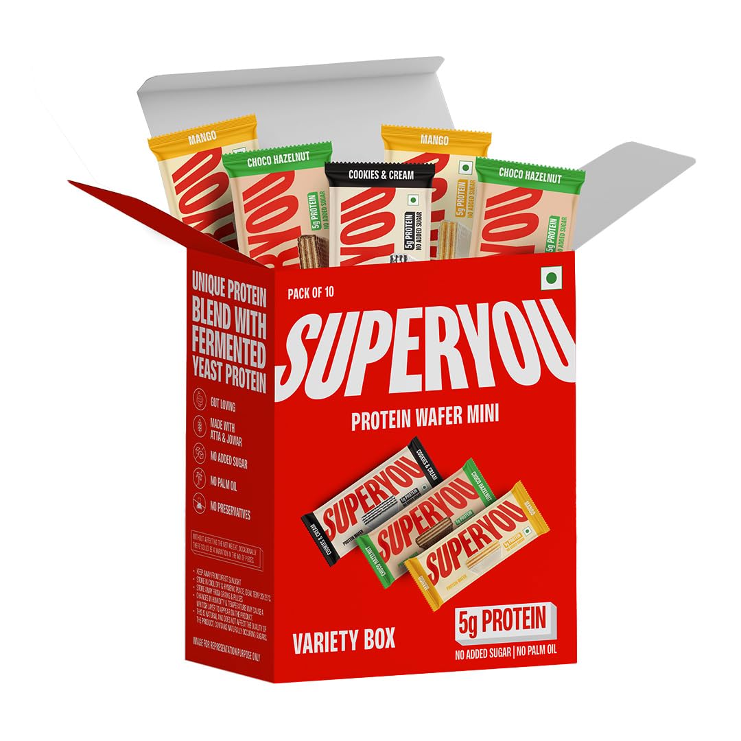 Superyou Assorted Protein Wafer Mini Bars (Pack Of 10)| 5g Protein | Made with Atta & Jowar | No Added Sugar | Yeast Fermented | Energy Bars | 100% Vegetarian |No Palm Oil | 200g