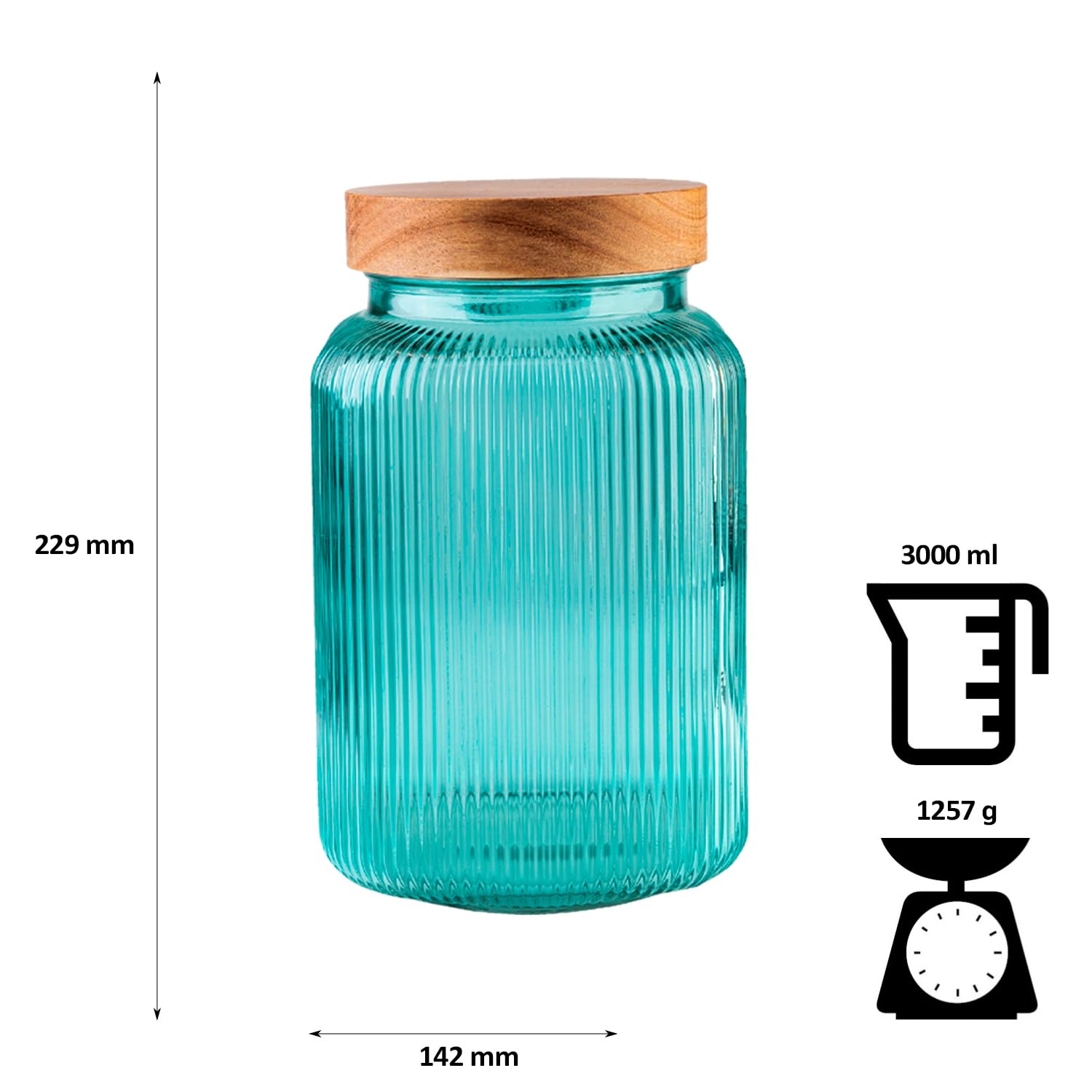 Pojemniki na zapasy ze szkła, zestaw 500 ml, 1000 ml, 2000 ml, 3000 ml, 4 słoiki żebrowane z drewnianymi pokrywkami, dekoracyjne szklane pojemniki na przyprawy, zioła, słodycze, turkusowe