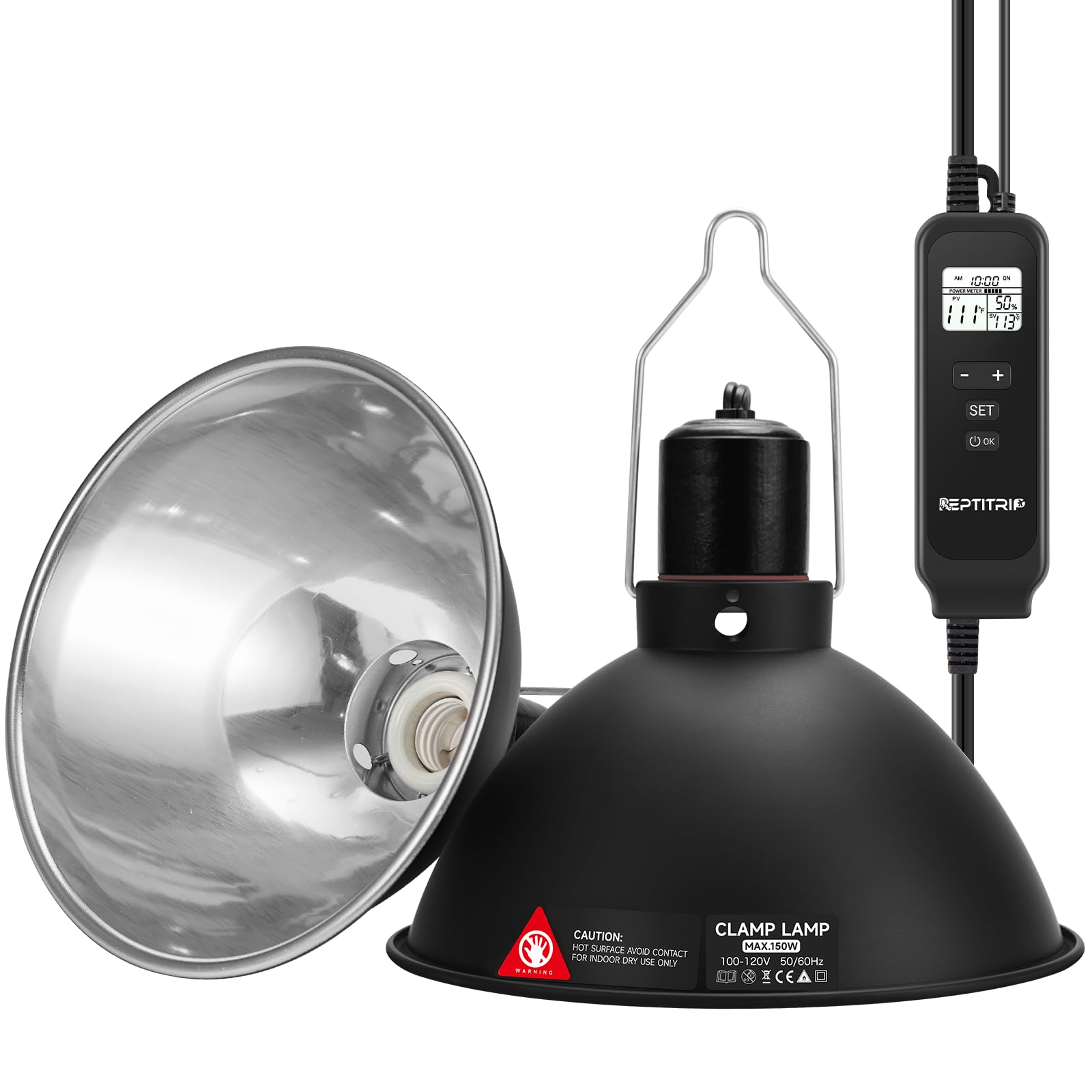 8.5-Inch Reptile Heat Lamp Fixture with PID Dimming Thermostat, Independent Day & Night Temperatures, Lampshade MAX 150W (Bulb Not Included)