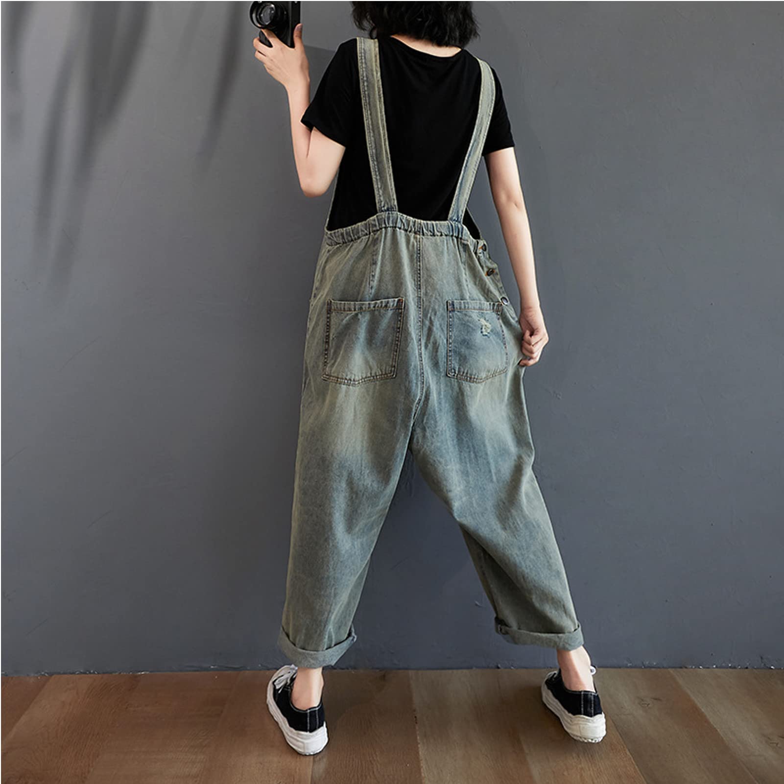 Salopette da donna in denim Salopette Pantaloni da donna Vintage Casual Baggy Jean Tute regolabili Tute Tute a gamba larga Tutina Pantaloni lunghi Azzurro-L
