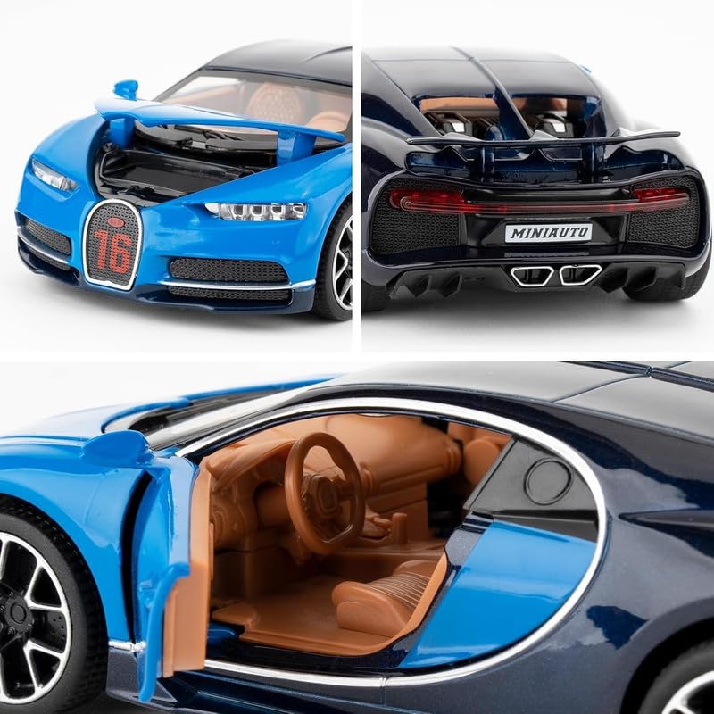 Image of Kids Model 1:32 Bugatti Chiron Die Cast Metal Car Pull Back Action Opening Doors with Realistic Engine Sound Lights Toy Car Gift for Boys - Blue