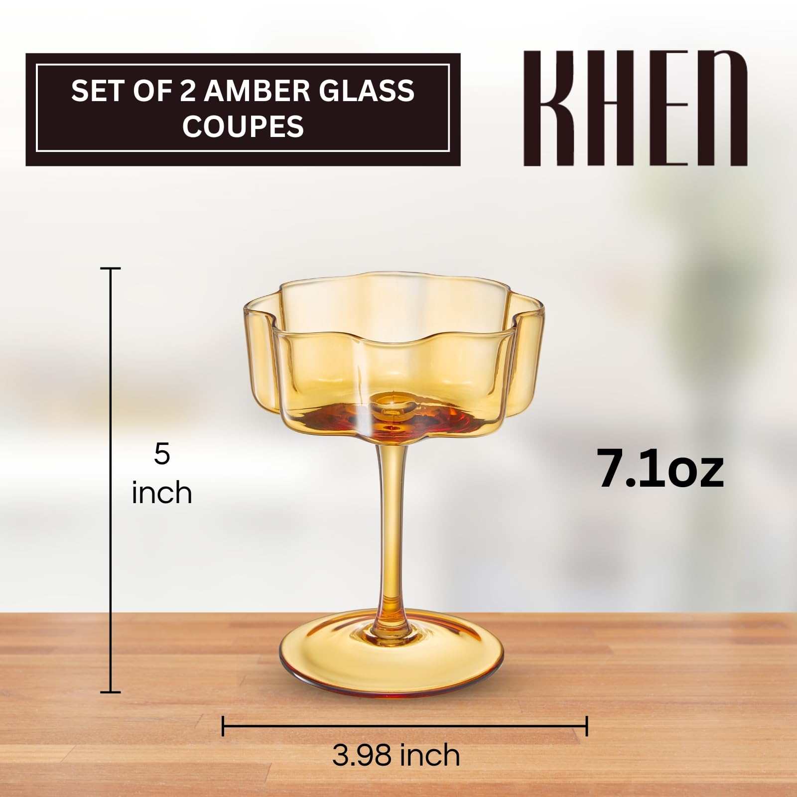 Khen Venus Glasses Luxury Glassware - Set of 6 - Everyday, Winter Gift Her, Mom, Wife, Girlfriend, Special Celebrations Drinkware, Textured Glass, Brown Style Amber Colored -Champagne Flute 6oz