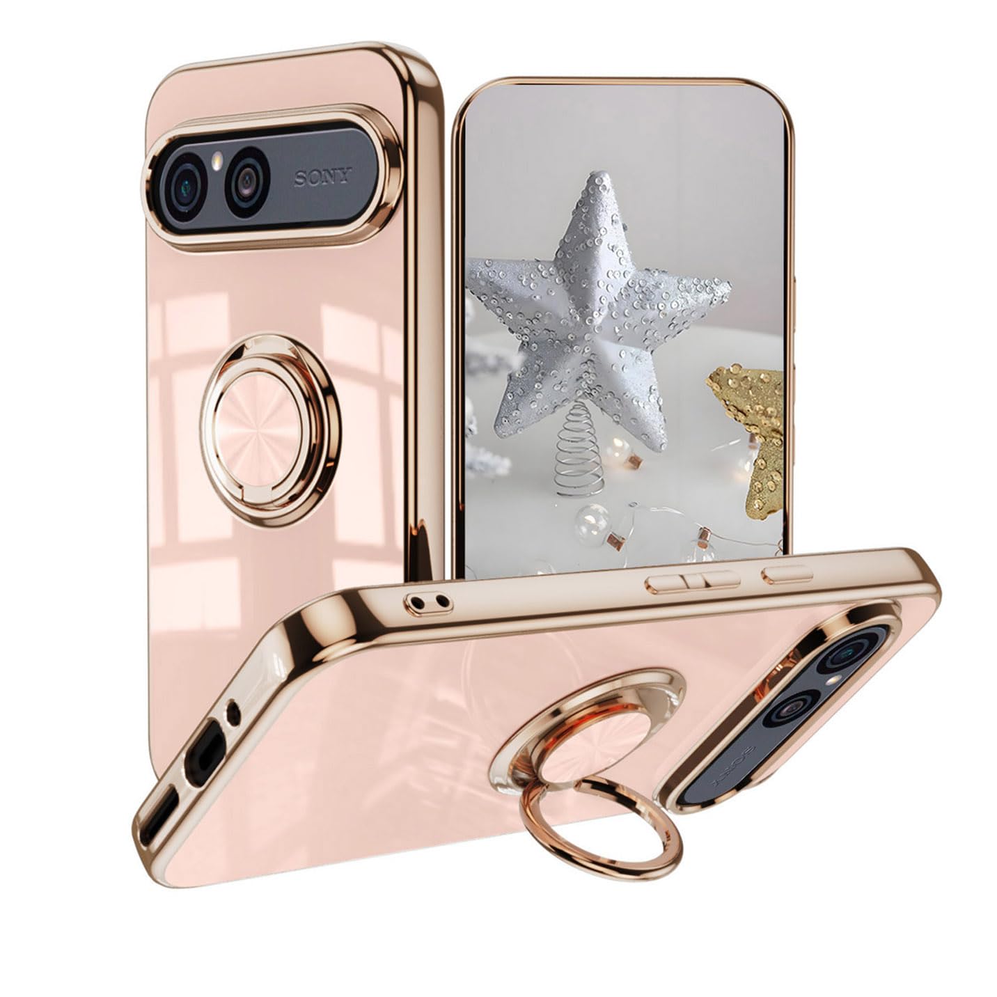 BORYA Case for Sony Xperia 10 VII, Very Thin Shockproof Premium TPU Bumper Soft Silicone Cover, Elegant Electrolytic Gold Edge 360° Ring Stand Case, Pink