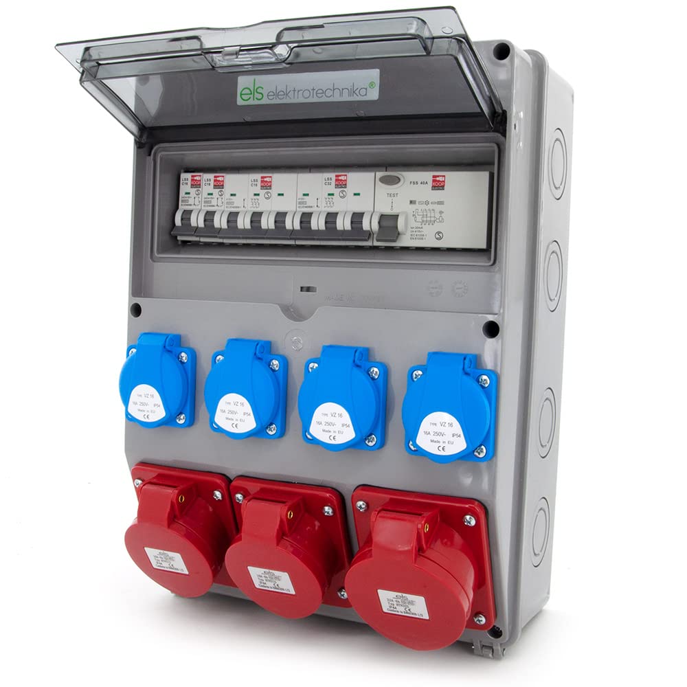 ELS Elektrotechnika Distribuidor de pared con interruptor FI y Schuko 4 x 230 V + 2 interruptores LS, 2 x CEE 16 A, 1 x CEE 32 A, enchufes, asegurado, cableado, listo para conectar para garaje,