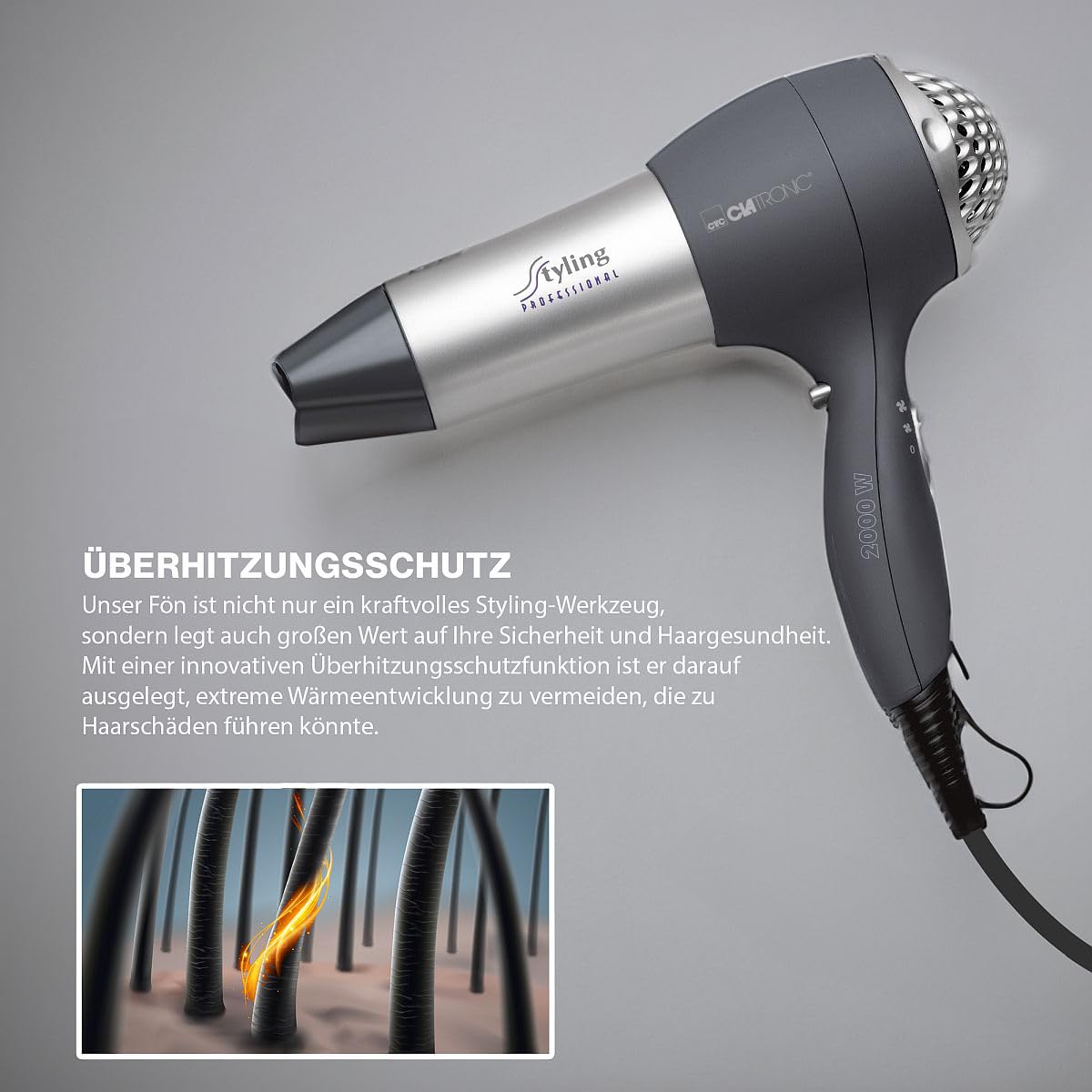 Clatronic® HTD 3055 suszarka do włosów z dyfuzorem i dyszą formującą | suszarka do włosów z "Cool Shot" dla błyszczących włosów | 3 poziomy mocy i 2 stopnie pracy dmuchawy | 2000 W | HTD 3055