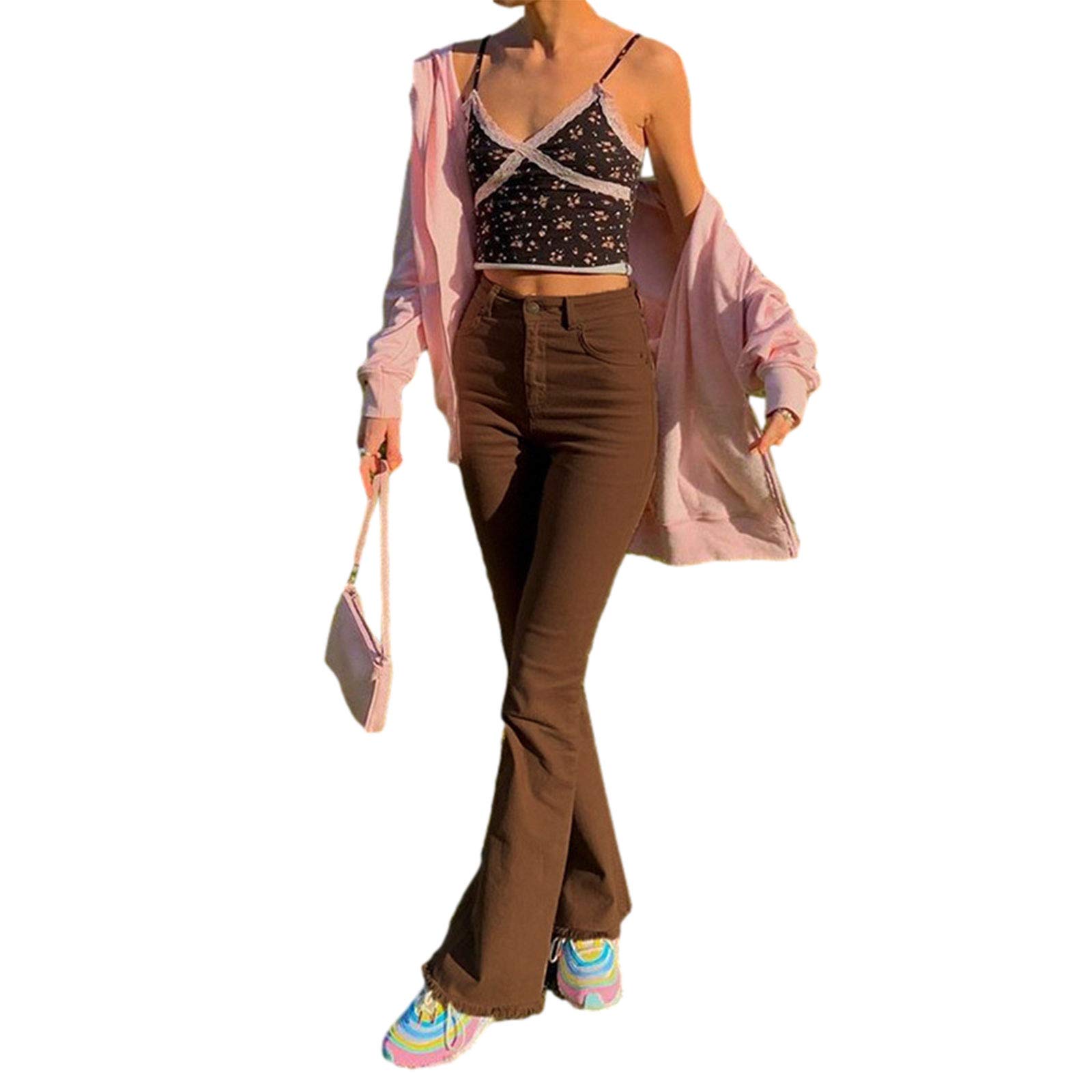 Las mujeres Vintage Jeans De Cintura Alta Denim Rectos Pantalones Niñas Y2K Patchwork Baggy Suelto Slim Elástica Larga Campana Jeans