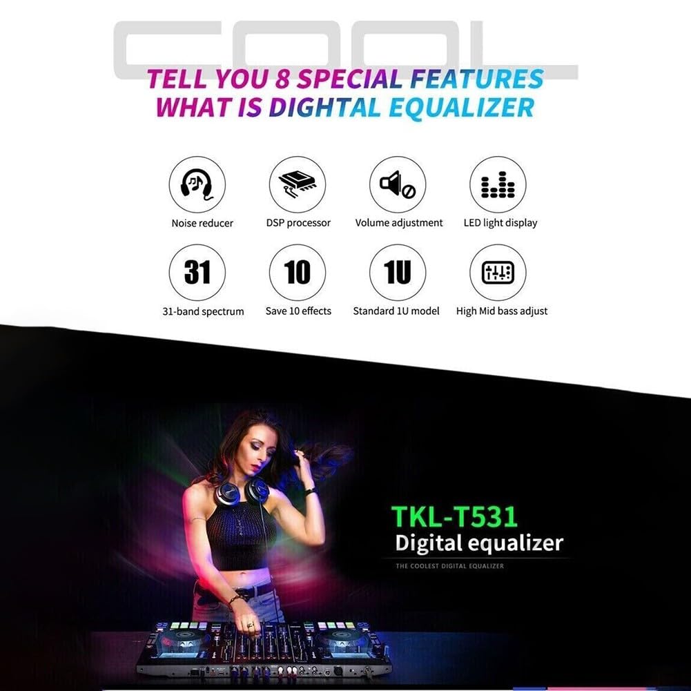 31-Band Stereo Grafik Digital Equalizer mit LED für SPECTRUM-Anzeige, Dual-K für DSP, Rauschunterdrückung, TRS/RCA/XLR Eingänge für Zuhause oder KTV, Schwarz