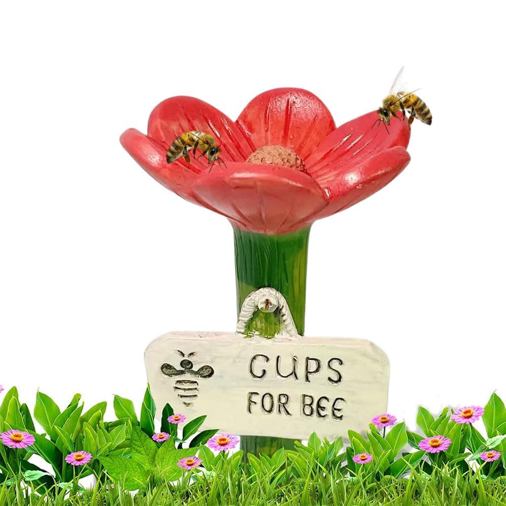 Flower-Shaped Ceramic Bee Watering Station, Bee Pollinator Feeder Drinking Cup with Stake Base, Thirsty Insect Feeder, Colorful Butterfly Hydration Spots for Patio Garden Decor (red)