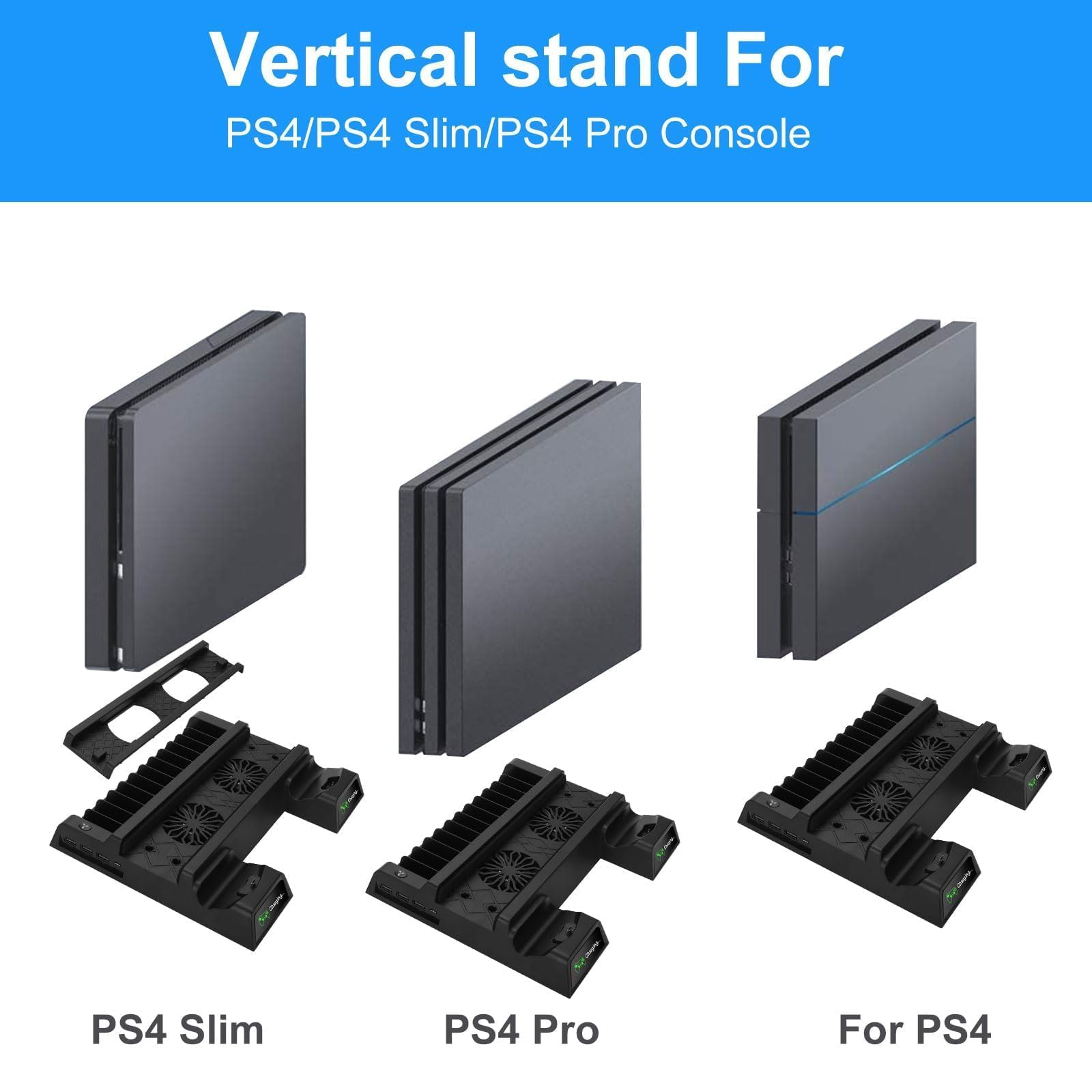 EEEKit Podstawka z Wentylatorem do Playstation 4 Pro, Zewnętrzny Chłodzenie Wentylator do PS4 Slim ze Stacją Ładującą dla 2 Kontrolerów, Hub USB, Przechowywanie 12 Gier