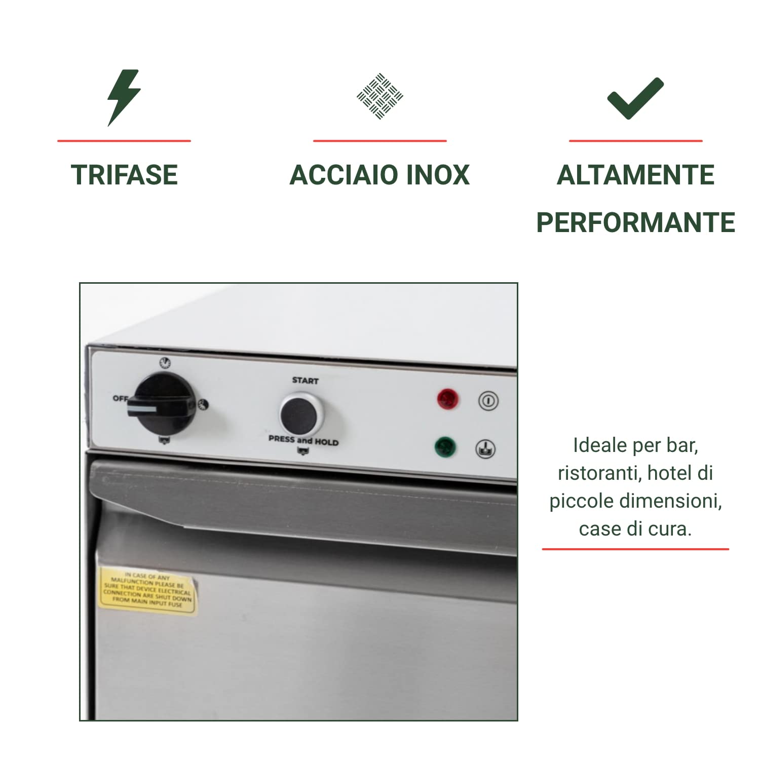 Ristoattrezzature Lavastoviglie Lavabicchieri Professionale - Trifase, con Cesto Quadrato 500 x 500 mm - Struttura in Acciaio Inox