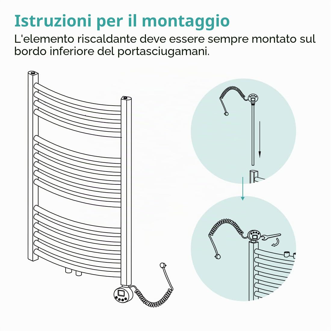 EMKE Barra riscaldante con termostato per termosifoni da bagno, 1200 W, cartuccia riscaldante in acciaio inox, per radiatore, scaldasalviette elettrico, bianco