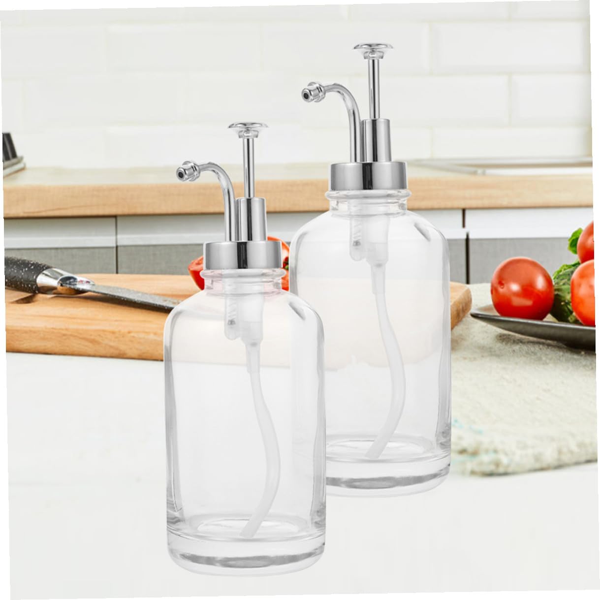 Distributeur de Sirop en Verre 500ml Lot de 2 Bouteilles Pompe Inox et Plastique Pp, Design Unique et Élégant Cuisine Pratique et Anti-gaspillage