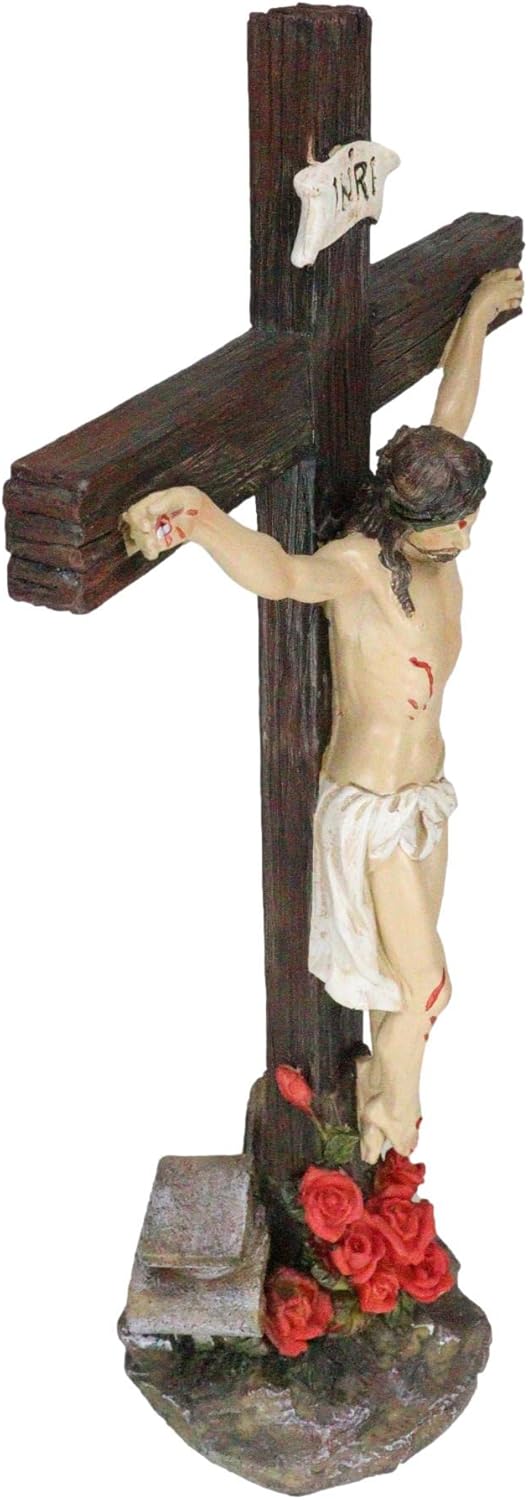 Ebros INRI Jesus Christ Crucified On The Cross With Solemn Rose of Sharon Base Decorative Crucifix Desktop Statue 15.25" Tall Christian Catholic Religious Inspirational Altar Table Figurine