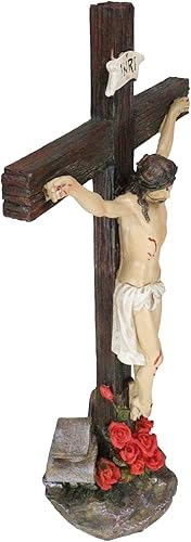 Miniatura 6 de Ebros INRI - Estatua decorativa de escritorio de Jesucristo crucificado en la cruz con base de rosa solemne de Sharon, 15.25 pulgadas de alto,
