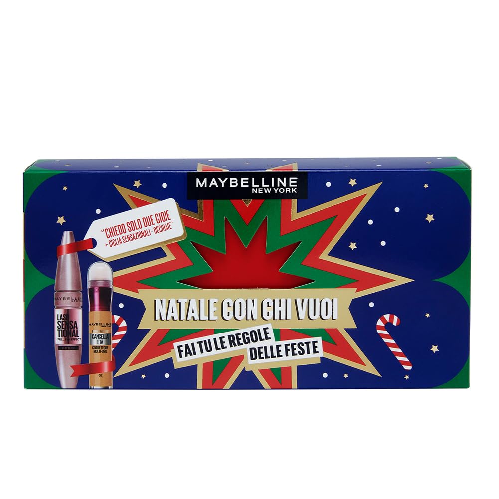 Maybelline New York Cofanetto Regalo, Con Correttore e Mascara Volumizzante, Collezione Natale con Chi Vuoi 2024, Mascara Ciglia Sensazionali Intense Black, Correttore Cancella Età Tonalità: 02