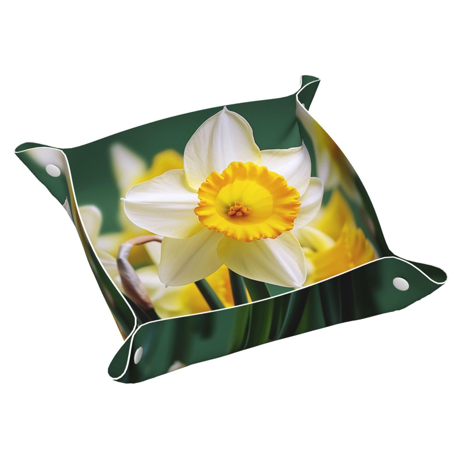 Small Valet Tray Desktop Storage Organizer, Pu Leather Catchall Bedside Vanity Tray Daffodil Flower Nightstand Caddy Holder for Remote Controller, Keys, Phone, Wallet, Coin, Jewelry 7.9x1.6 Inch