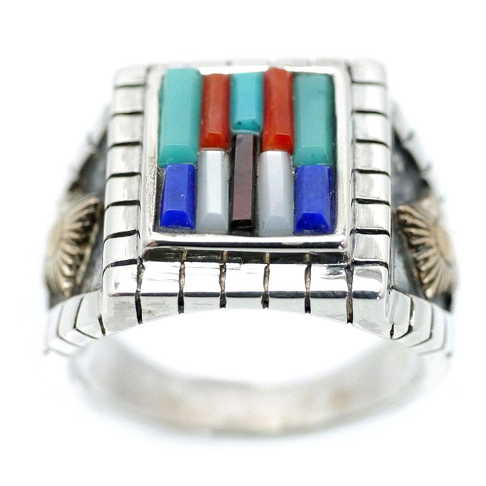 インディアンジュエリー ズニ族 シルバーリング 多色インレイデザイン