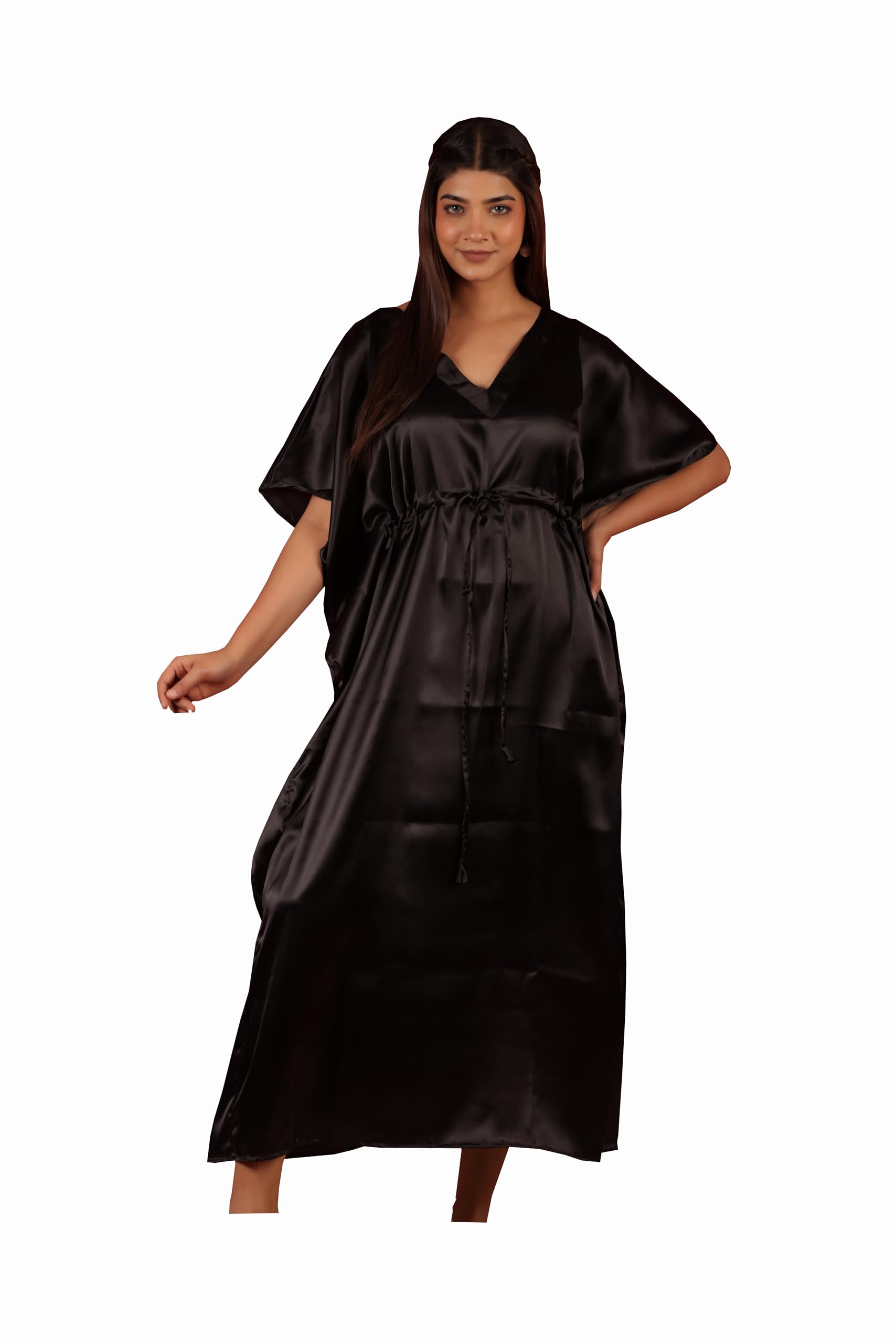 Caftan Dresses for Women Satin V Neck - Loungewear Maxi Dress Swimsuit Cover Up Beachwear Black