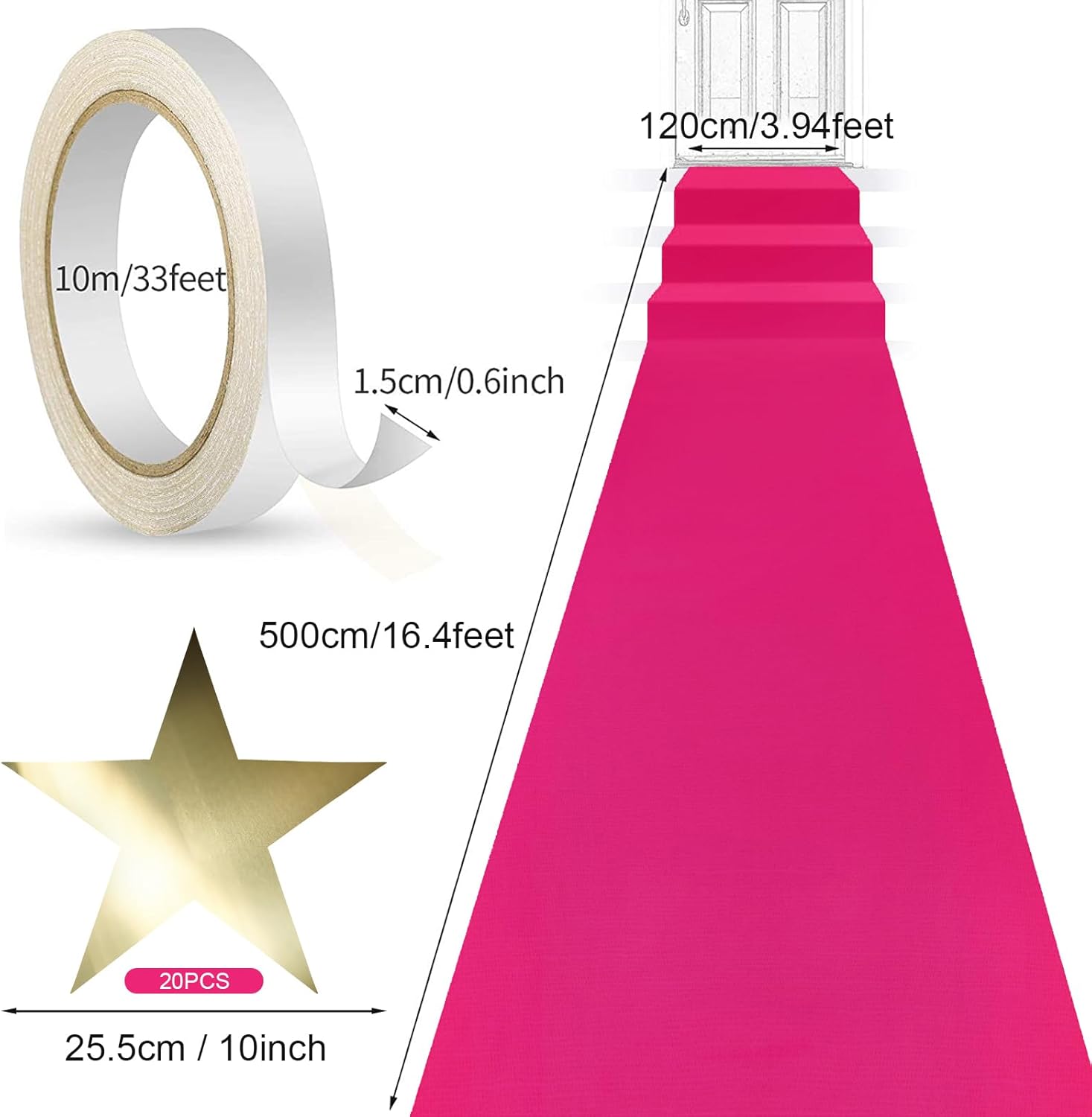 Shappy Carpet Runner Party Not Slip Red Aisle Runway Rug Runner with Carpet Tape 60 GSM 20 Pcs Gold Star Cutouts for Movie Graduation Party Decoration VIP Stage Door Wedding(Pink,3.9 x 16.4 Feet)