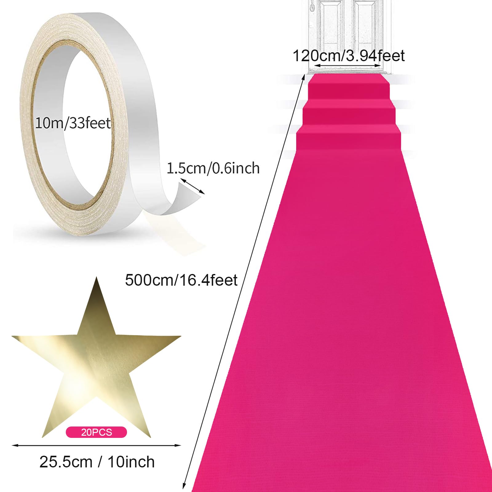 Shappy Lot de 20 tapis de couloir rouge antidérapant avec ruban adhésif pour décoration de fête cinéma, découpe étoile dorée pour porte de scène VIP, mariage (rose, 1 x 5 m)