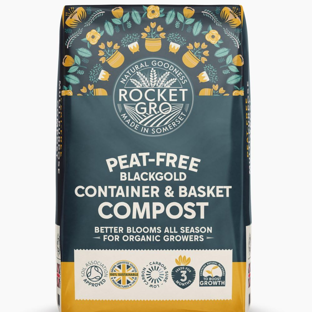RocketGro BlackGold Container & Basket Compost - Organic, Peat-Free, Nutrient-Rich Planting Mix for Flowers and Vegetables - 3-Month Feed, Soil Association Approved - 1x 40 Litres By Thompson & Morgan