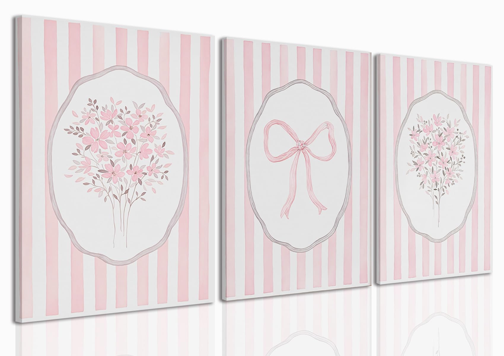 Photo 1 of SongZest 3 Piece Pink Floral Canvas Framed Wall Art Pink Striped Flower Art Prints Coquette Bow Pictures Wall Decor Minimalist Botanical Aesthetic Paintings Artwork for Bedroom Bathroom Living Room 12x16in