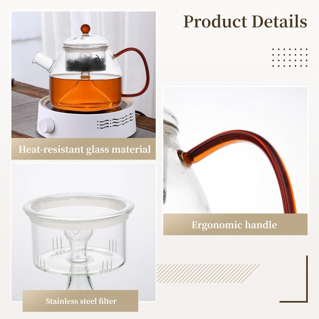 Glasteekanne, 1200 ml, für Herd und Mikrowelle geeignet, aus 2 mm Borosilikatglas, mit herausnehmbarem Edelstahl-Teesieb, großem Griff, tropffreiem Ausguss, für Blooming Tea und losen Tee