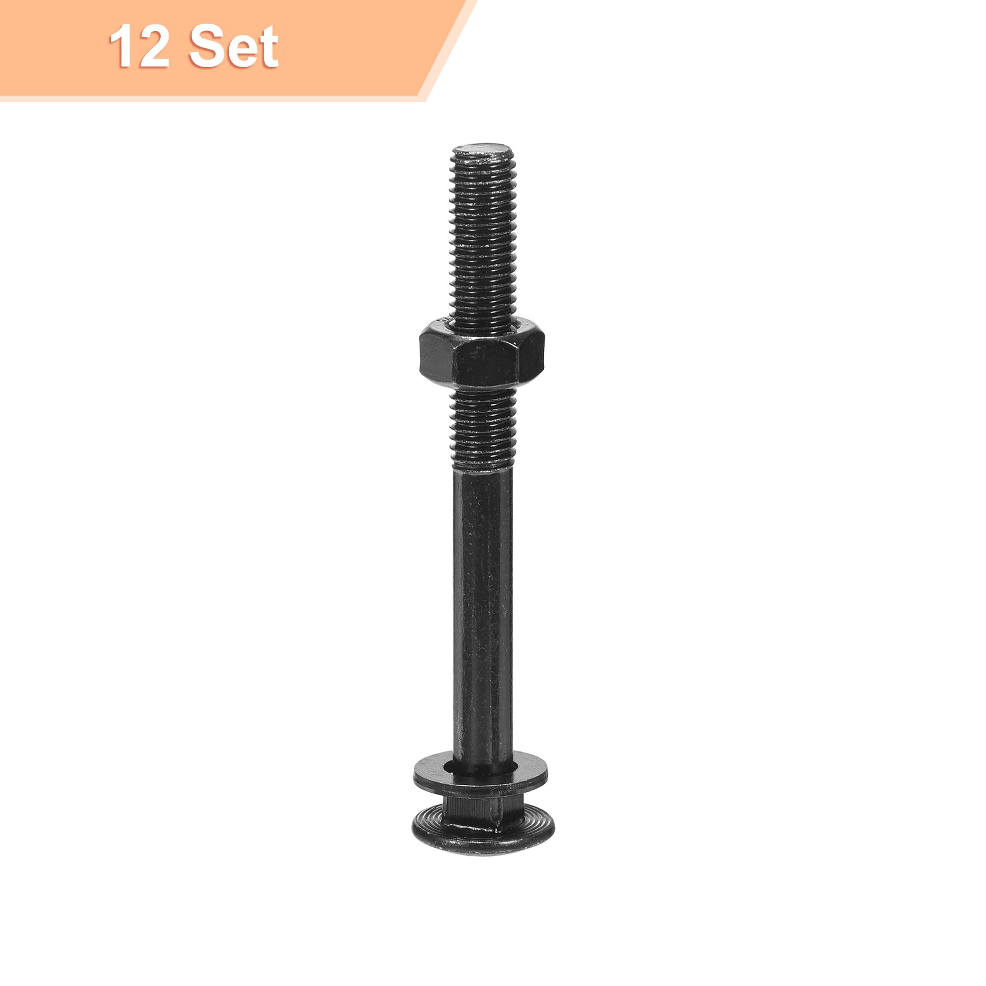 QUARKZMAN M10x100mm Boulons À Tête Ronde Avec Écrous Et Rondelles, 12Set Acier Inoxydable 304 Boulons À Tête Ronde Avec Collet Carré, Noir