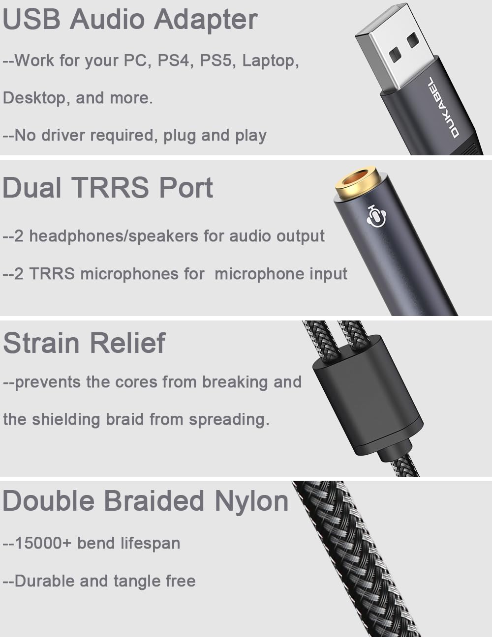 DUKABEL USB Audio Splitter, USB to 3.5mm Audio Jack Adapter with Dual TRRS 4 Pole Jacks, USB Aux Stereo Splitter for PC, Laptop, Mac, Desktops, Linux, PS4, PS5 and More(Grey)