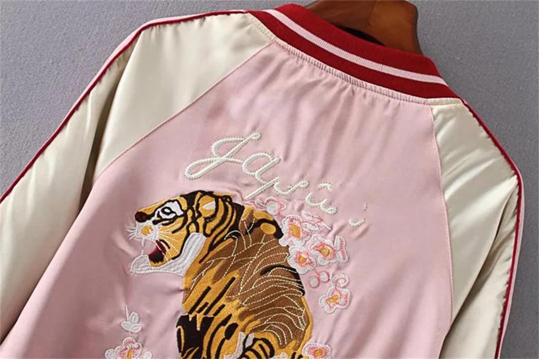Satin-Tiger-Bomberjacke, bestickt, für Damen, Baseballjacke, japanischer Harajuku, weiblicher Mantel