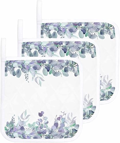 3 Packs Watercolor Leaves Pot Holders Sets for Kitchen,Oven Pan Plate Bowl Pads Heat Proof Mat with Hanging Loop,Terry Cloth Potholders Soft Grip