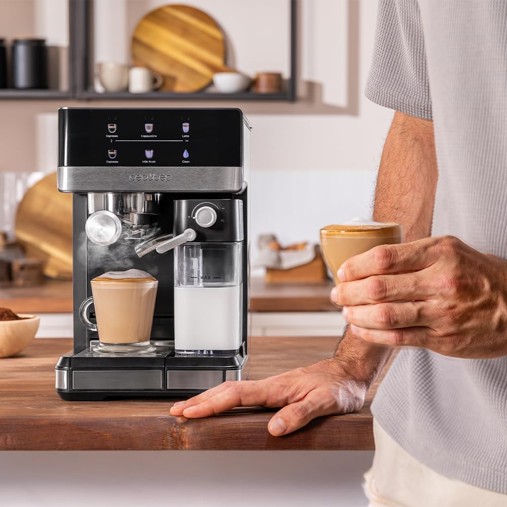 Cecotec Cafetera Express Power Espresso 20 Touch & Cream +. 1350W, 20Bares, Pantalla Táctil Recetario, Espumador, Thermoblock, Depósito Leche 500ml, Agua 1.8L, Autolimpieza, Accesorios