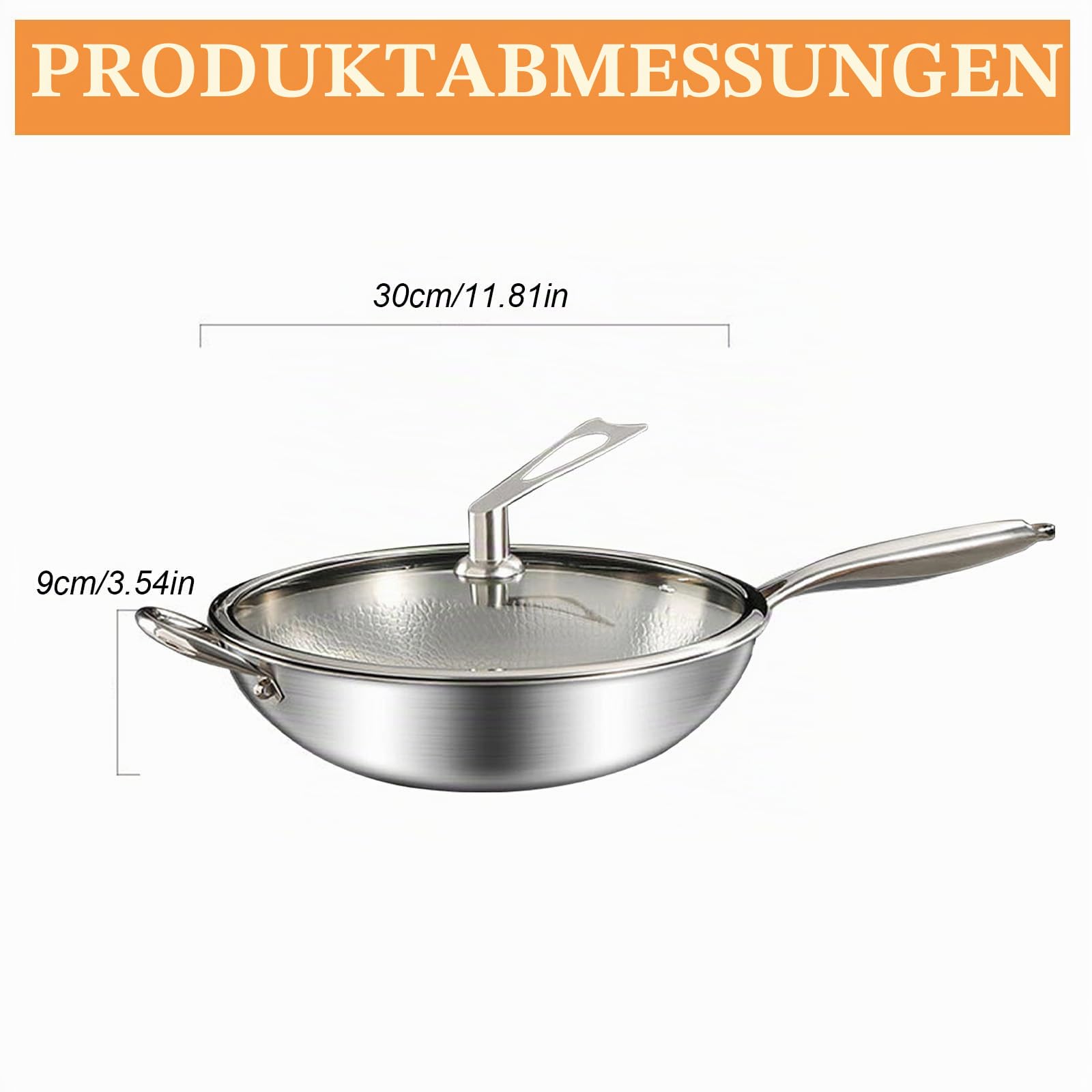Edelstahl Wokpfanne 30 cm mit Deckel Bratpfanne,Verdickt Ultra-Haltbar Titan Bratpfanne Edelstahl Wokpfannen mit Deckel induktionsgeeignet,Backofenfest bis 400°C,Unbeschichtet