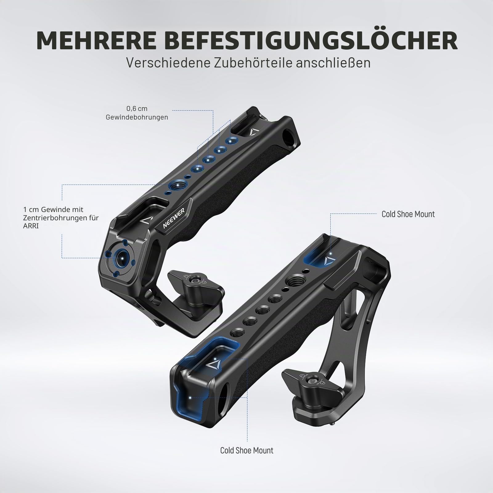 NEEWER Kameragriff mit 9,5 mm Flügelschraube & Locating Pins für ARRI, Rutschfester Silikongriff mit 6,35 mm & 9,5 mm Gewinden, Cold Shoes, kompatibel mit SmallRig Kamerakäfig Zubehör, CA107