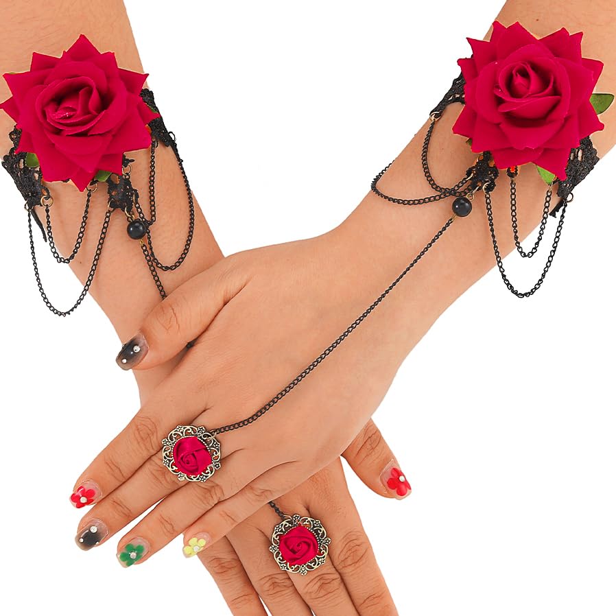 GEMILY Rose Lace Gloves Fingerless Ring Gloves Tea Party Hand Chains Accessories for Women (Rose, one size)