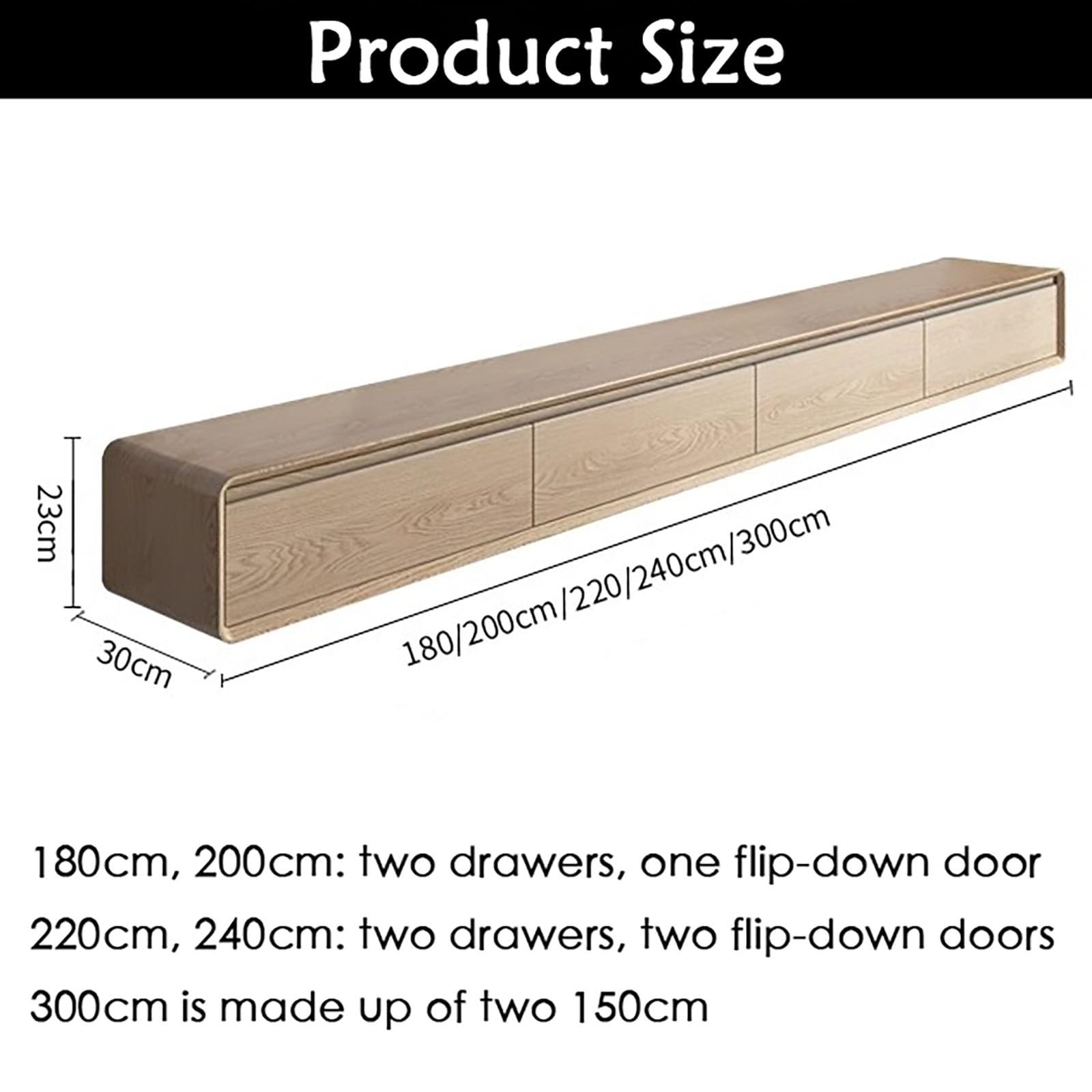 Mobile TV sospeso sottile da parete, in legno massello, console multimediale con ripiano portaoggetti per piccoli spazi, design moderno (legno + bianco, 200 cm)