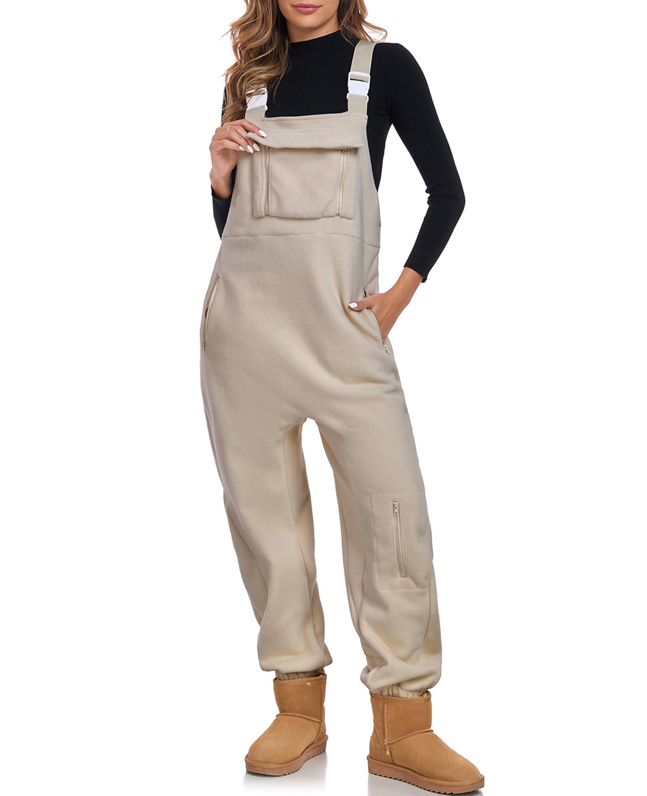 ALSOGO Women's Fleece Warm Overalls Winter Adjustable Strap Bibs Loose Casual Jumpsuits