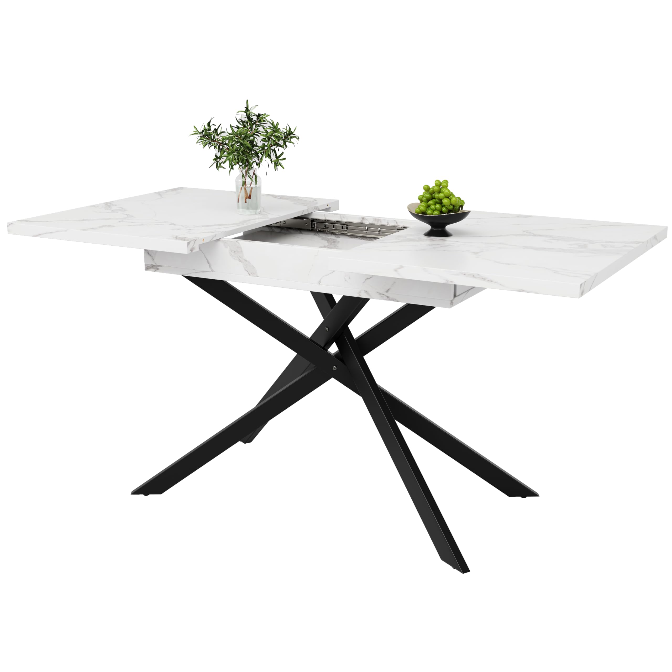 Mesa de comedor telescópica (120-160 cm), mesa de comedor extensible, ahorra espacio, patas de hierro cruzadas negras, para cocina y salón, mesa de mármol blanco (blanco, 120-160 x 80 x 76,5 cm)