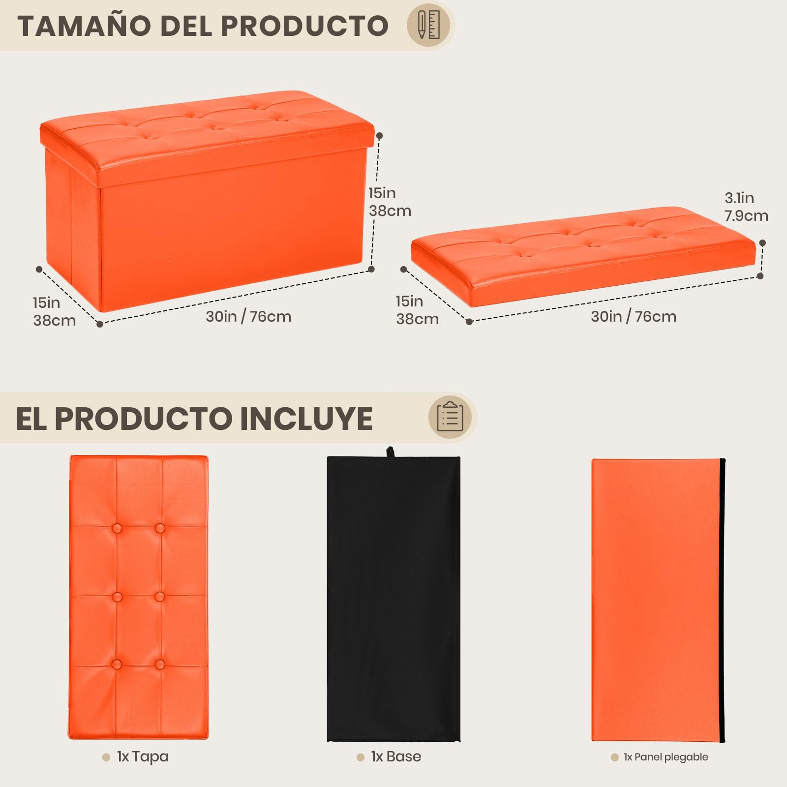 COSYLAND Puff Almacenaje 80L, Banco Almacenaje, Capacidad de Carga 200 kg, Baúl para Dormitorio, Salón, Entrada, Organizador Multifuncional, Plegable, 76x38x38cm, Naranja Oscuro