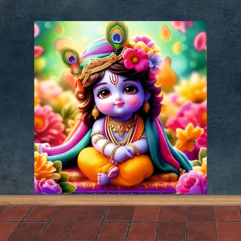 Image of British Terminal Cute little Bal Gopal Baby God Krishna| Kanha Ji | Laddu Lord Makhan Chor Painting Religious Poster for Pregnant Women for wall (matt thin vinyl,sticker,multicolor,unframed)| bj203