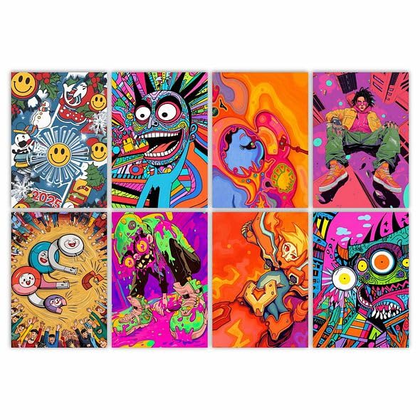 Image of CVANU Aesthetic Colorful Design Picture Printed 8pcs Wall Art Collage Kit Posters With Glue Dot Tape for Living Room| Office| Bedroom| Office| Walls Decorative Item (8.2inch X 11.6inch) 374