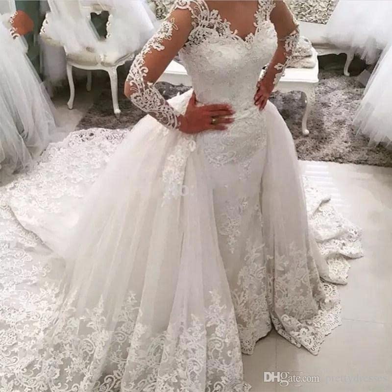 Tsbridal Detachable Skirt Wedding Dress Long Sleeves Lace Mermaid Wedding Dresses2